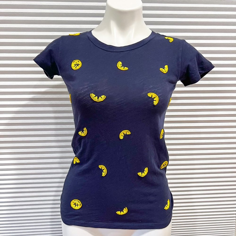 J.Crew Lemon Beaded Navy Tee Shirt